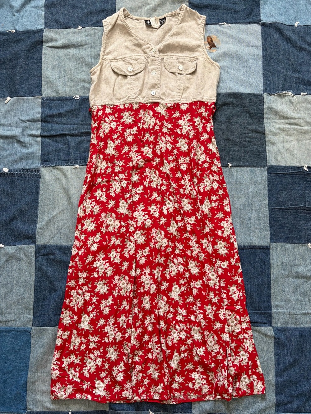 vintage all that jazz midi dress red cream floral button up linen blend size M